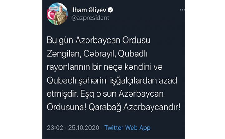 Qubadlı şəhəri və bir neçə kənd işğalçılardan azad edilib